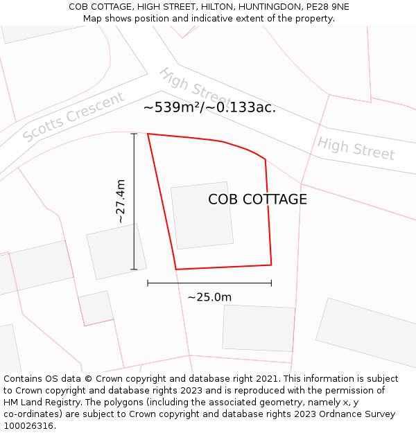 COB COTTAGE, HIGH STREET, HILTON, HUNTINGDON, PE28 9NE: Plot and title map