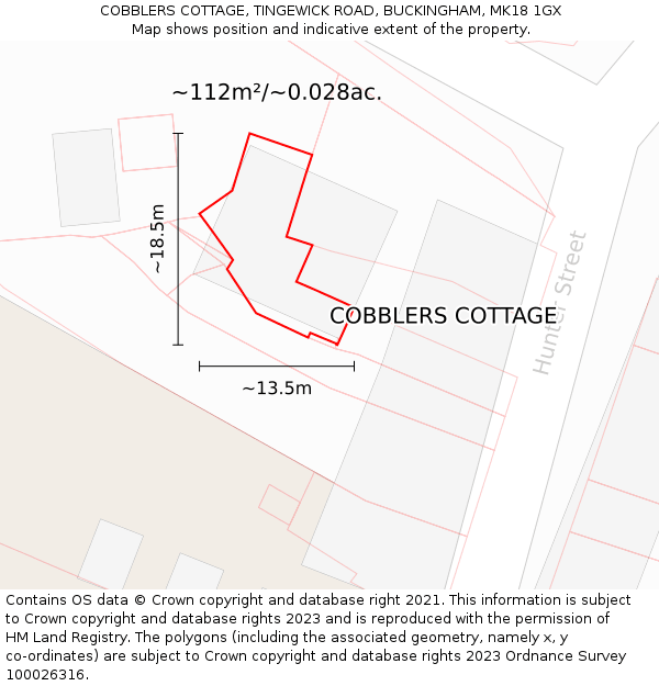 COBBLERS COTTAGE, TINGEWICK ROAD, BUCKINGHAM, MK18 1GX: Plot and title map