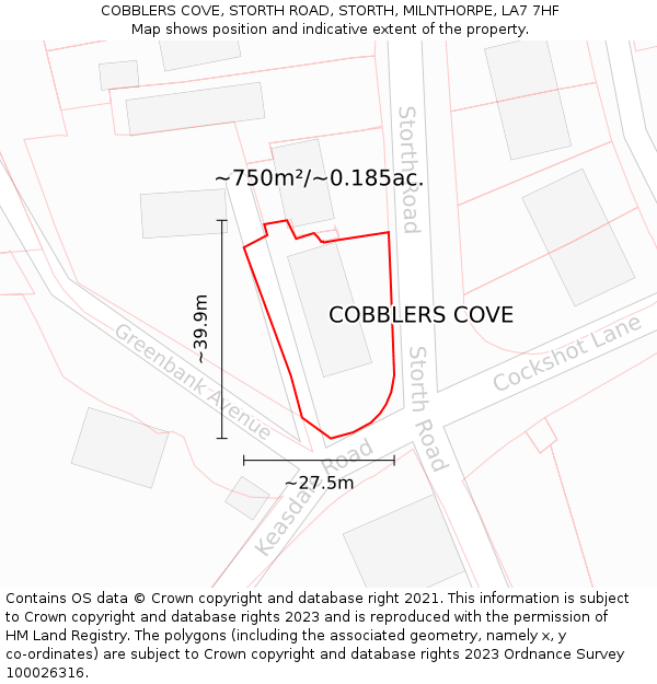 COBBLERS COVE, STORTH ROAD, STORTH, MILNTHORPE, LA7 7HF: Plot and title map