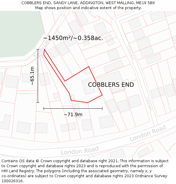 COBBLERS END, SANDY LANE, ADDINGTON, WEST MALLING, ME19 5BX: Plot and title map