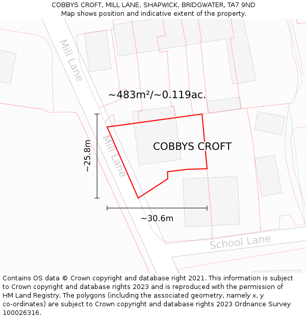 COBBYS CROFT, MILL LANE, SHAPWICK, BRIDGWATER, TA7 9ND: Plot and title map