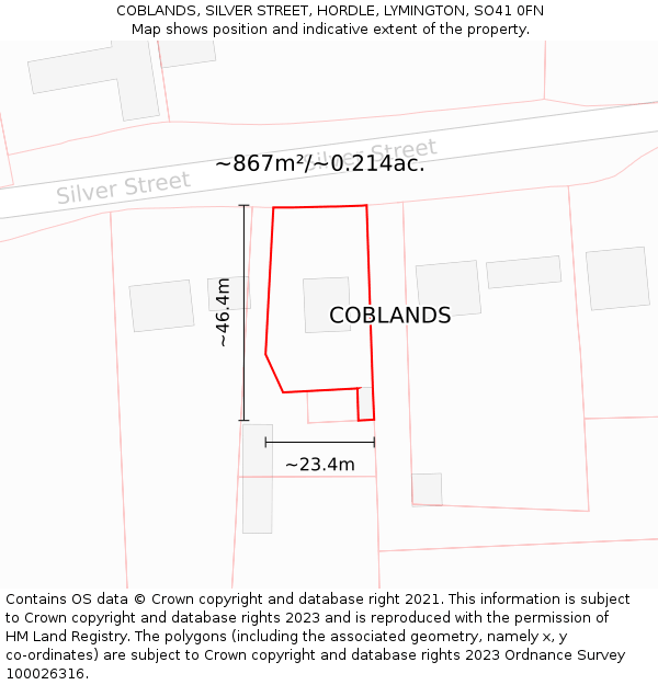 COBLANDS, SILVER STREET, HORDLE, LYMINGTON, SO41 0FN: Plot and title map