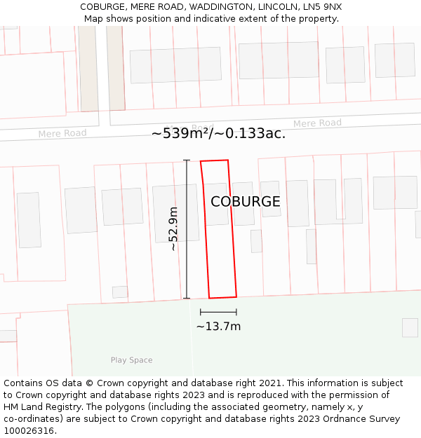 COBURGE, MERE ROAD, WADDINGTON, LINCOLN, LN5 9NX: Plot and title map