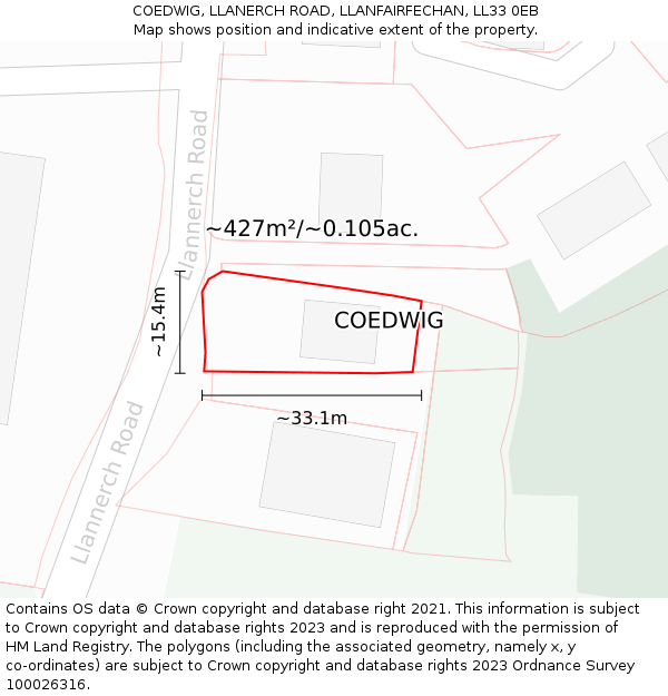 COEDWIG, LLANERCH ROAD, LLANFAIRFECHAN, LL33 0EB: Plot and title map