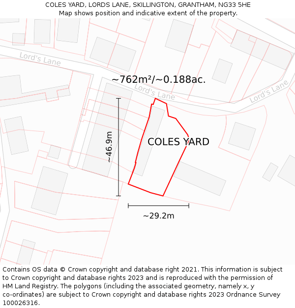 COLES YARD, LORDS LANE, SKILLINGTON, GRANTHAM, NG33 5HE: Plot and title map