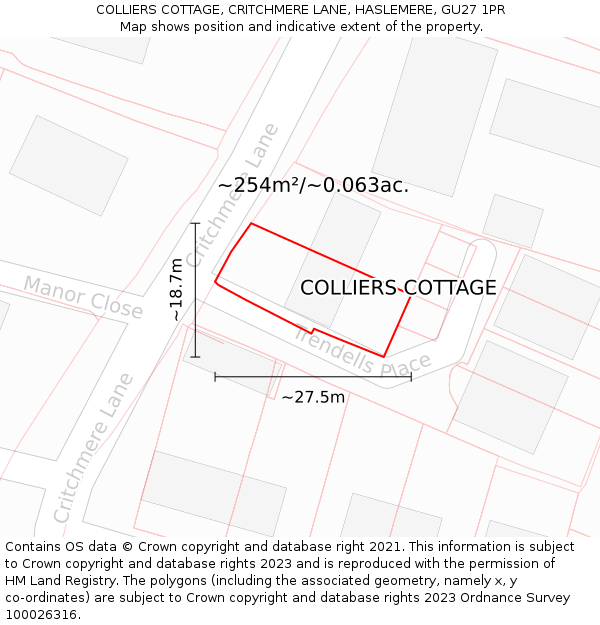 COLLIERS COTTAGE, CRITCHMERE LANE, HASLEMERE, GU27 1PR: Plot and title map