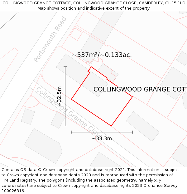 COLLINGWOOD GRANGE COTTAGE, COLLINGWOOD GRANGE CLOSE, CAMBERLEY, GU15 1LD: Plot and title map