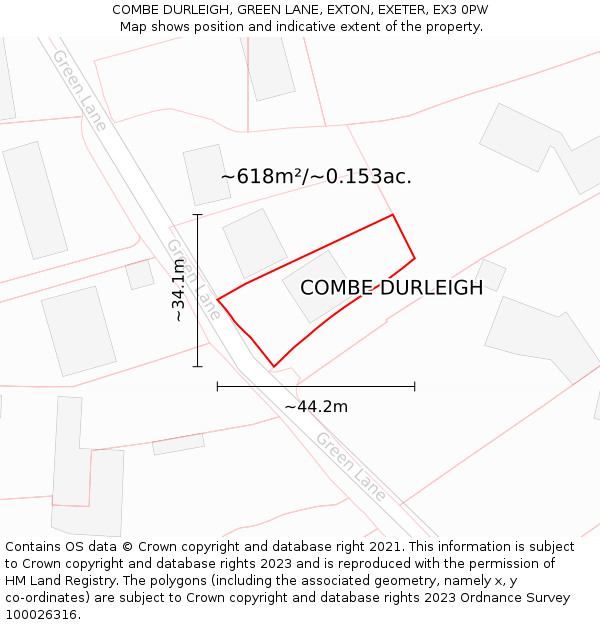 COMBE DURLEIGH, GREEN LANE, EXTON, EXETER, EX3 0PW: Plot and title map