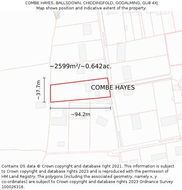 COMBE HAYES, BALLSDOWN, CHIDDINGFOLD, GODALMING, GU8 4XJ: Plot and title map