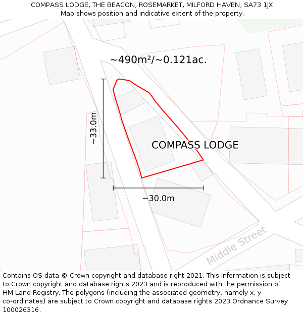 COMPASS LODGE, THE BEACON, ROSEMARKET, MILFORD HAVEN, SA73 1JX: Plot and title map