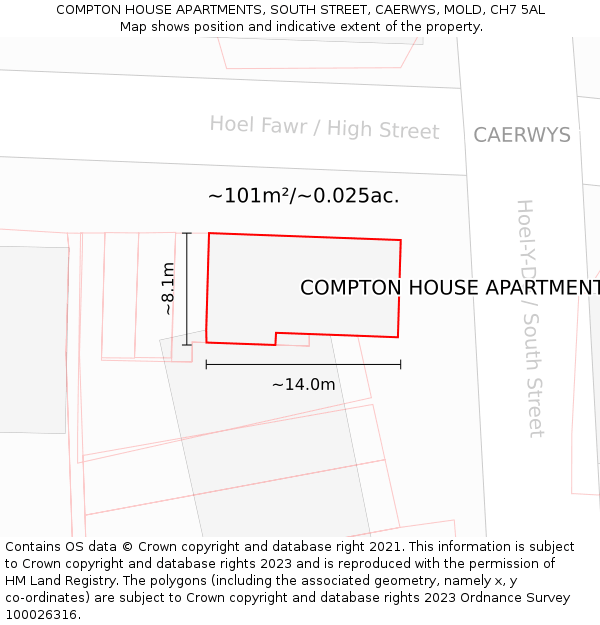 COMPTON HOUSE APARTMENTS, SOUTH STREET, CAERWYS, MOLD, CH7 5AL: Plot and title map