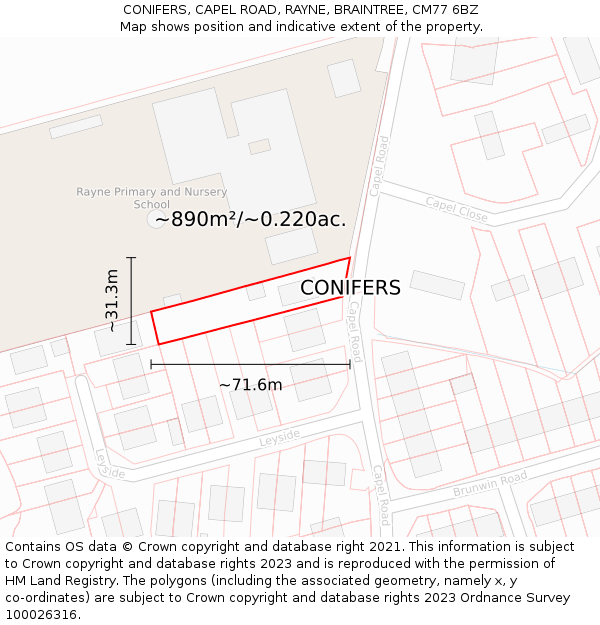 CONIFERS, CAPEL ROAD, RAYNE, BRAINTREE, CM77 6BZ: Plot and title map