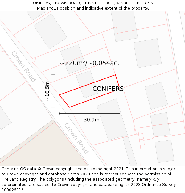 CONIFERS, CROWN ROAD, CHRISTCHURCH, WISBECH, PE14 9NF: Plot and title map