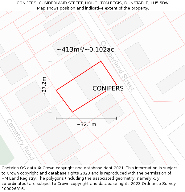 CONIFERS, CUMBERLAND STREET, HOUGHTON REGIS, DUNSTABLE, LU5 5BW: Plot and title map