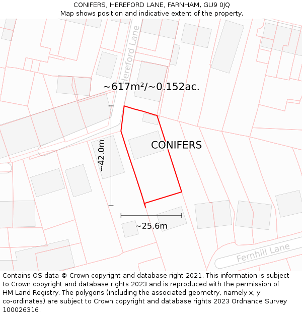 CONIFERS, HEREFORD LANE, FARNHAM, GU9 0JQ: Plot and title map