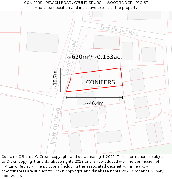 CONIFERS, IPSWICH ROAD, GRUNDISBURGH, WOODBRIDGE, IP13 6TJ: Plot and title map