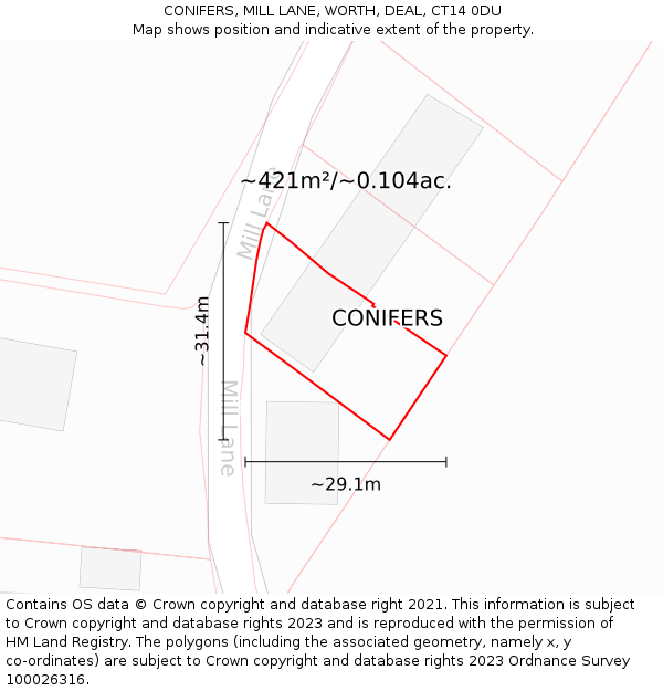 CONIFERS, MILL LANE, WORTH, DEAL, CT14 0DU: Plot and title map