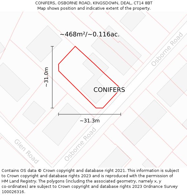 CONIFERS, OSBORNE ROAD, KINGSDOWN, DEAL, CT14 8BT: Plot and title map