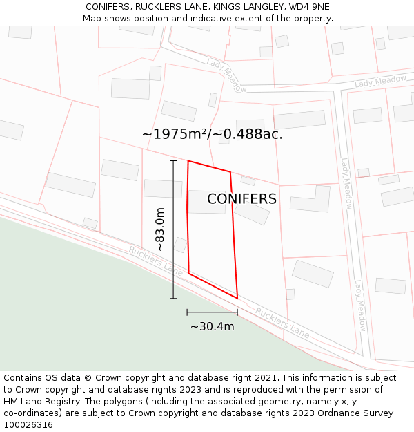 CONIFERS, RUCKLERS LANE, KINGS LANGLEY, WD4 9NE: Plot and title map