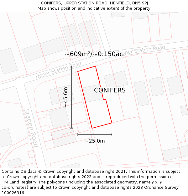 CONIFERS, UPPER STATION ROAD, HENFIELD, BN5 9PJ: Plot and title map