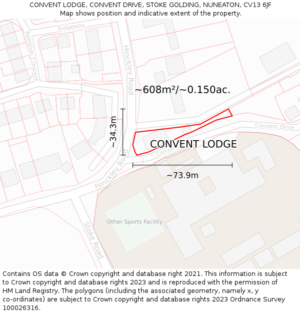 CONVENT LODGE, CONVENT DRIVE, STOKE GOLDING, NUNEATON, CV13 6JF: Plot and title map