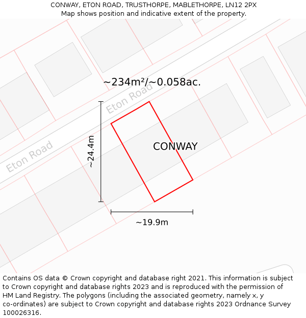 CONWAY, ETON ROAD, TRUSTHORPE, MABLETHORPE, LN12 2PX: Plot and title map