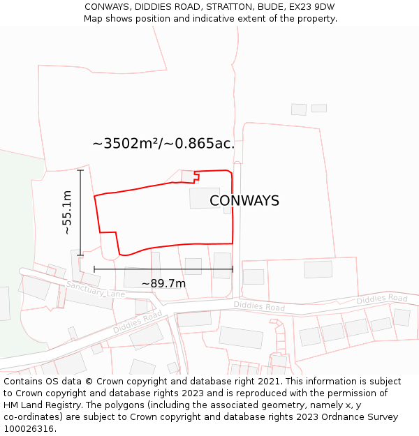 CONWAYS, DIDDIES ROAD, STRATTON, BUDE, EX23 9DW: Plot and title map