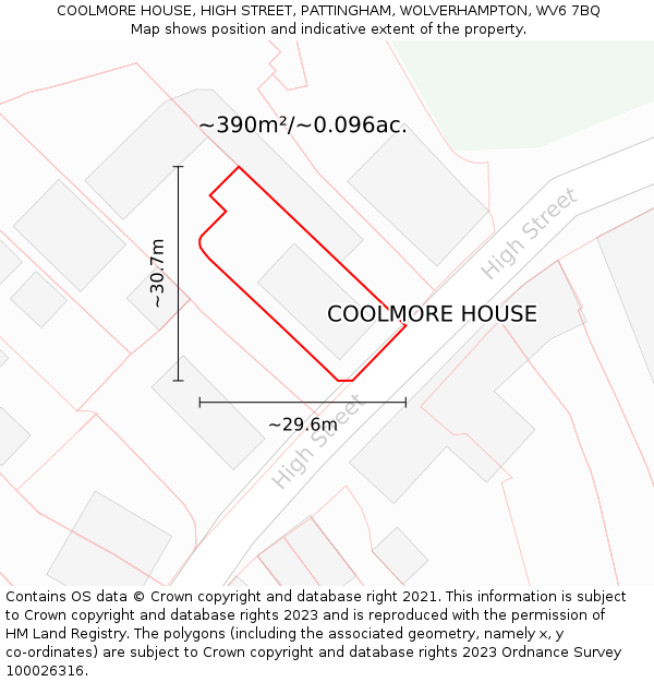 COOLMORE HOUSE, HIGH STREET, PATTINGHAM, WOLVERHAMPTON, WV6 7BQ: Plot and title map