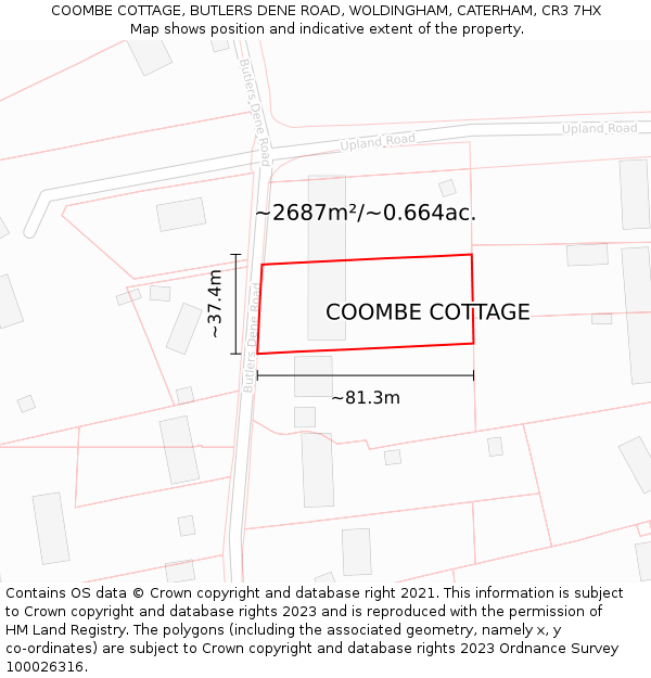 COOMBE COTTAGE, BUTLERS DENE ROAD, WOLDINGHAM, CATERHAM, CR3 7HX: Plot and title map