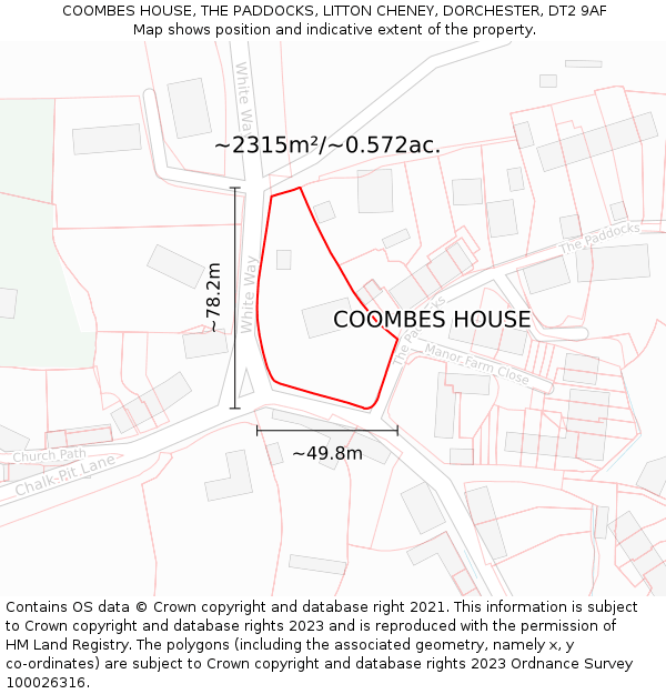 COOMBES HOUSE, THE PADDOCKS, LITTON CHENEY, DORCHESTER, DT2 9AF: Plot and title map