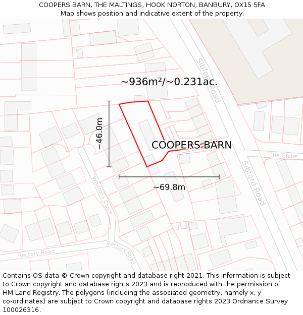 COOPERS BARN, THE MALTINGS, HOOK NORTON, BANBURY, OX15 5FA: Plot and title map