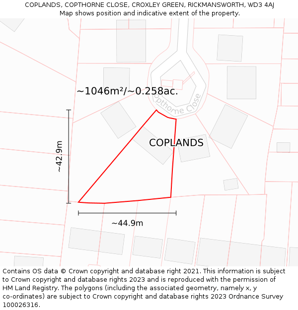 COPLANDS, COPTHORNE CLOSE, CROXLEY GREEN, RICKMANSWORTH, WD3 4AJ: Plot and title map