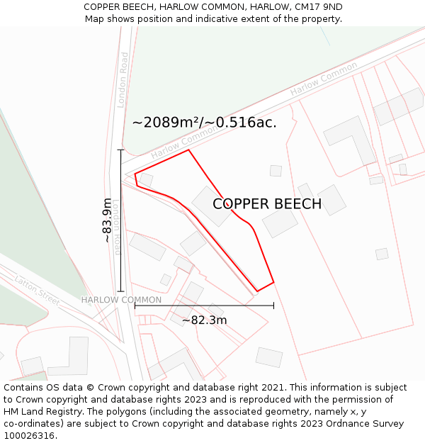 COPPER BEECH, HARLOW COMMON, HARLOW, CM17 9ND: Plot and title map