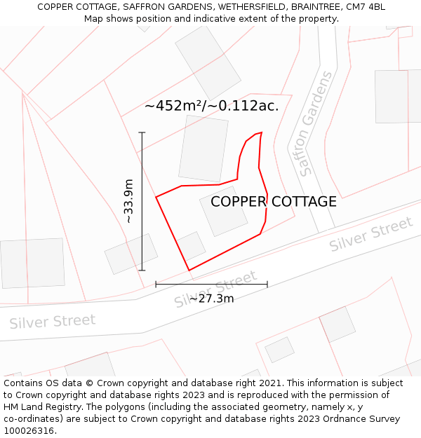 COPPER COTTAGE, SAFFRON GARDENS, WETHERSFIELD, BRAINTREE, CM7 4BL: Plot and title map