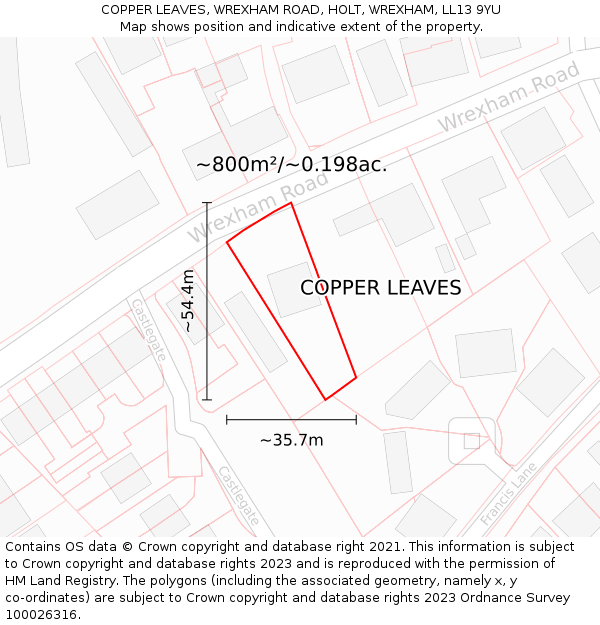 COPPER LEAVES, WREXHAM ROAD, HOLT, WREXHAM, LL13 9YU: Plot and title map