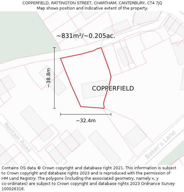 COPPERFIELD, RATTINGTON STREET, CHARTHAM, CANTERBURY, CT4 7JQ: Plot and title map