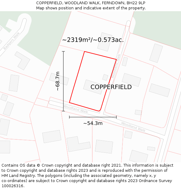 COPPERFIELD, WOODLAND WALK, FERNDOWN, BH22 9LP: Plot and title map