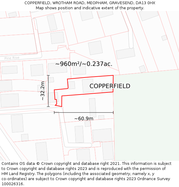 COPPERFIELD, WROTHAM ROAD, MEOPHAM, GRAVESEND, DA13 0HX: Plot and title map