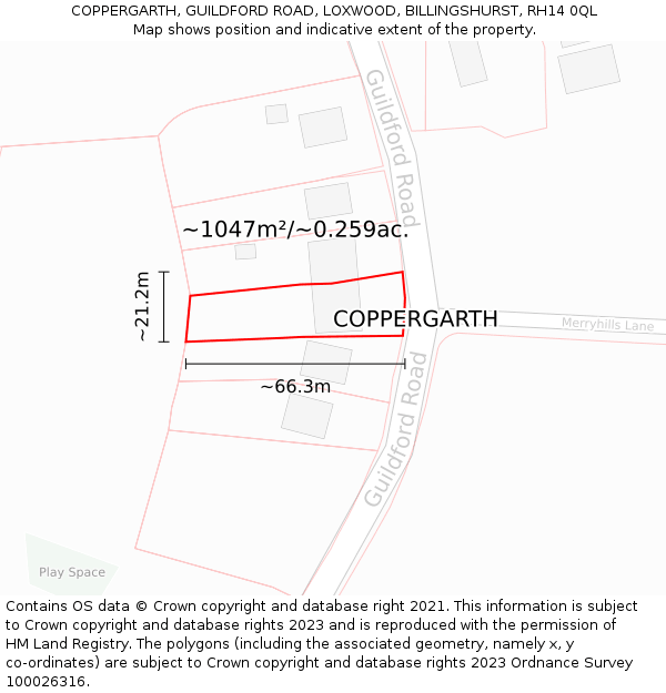 COPPERGARTH, GUILDFORD ROAD, LOXWOOD, BILLINGSHURST, RH14 0QL: Plot and title map