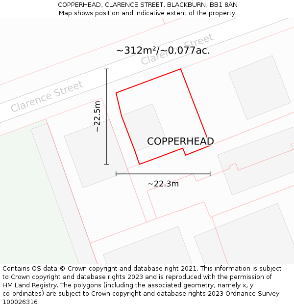 COPPERHEAD, CLARENCE STREET, BLACKBURN, BB1 8AN: Plot and title map