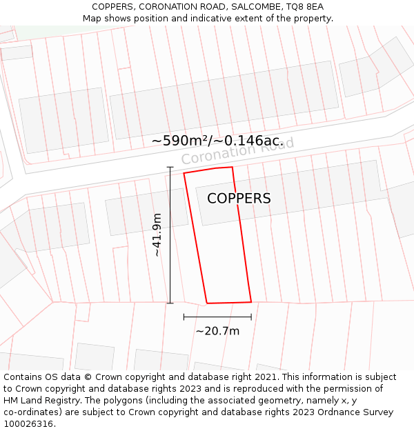 COPPERS, CORONATION ROAD, SALCOMBE, TQ8 8EA: Plot and title map