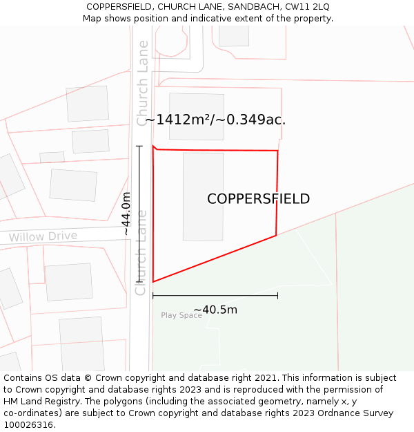 COPPERSFIELD, CHURCH LANE, SANDBACH, CW11 2LQ: Plot and title map