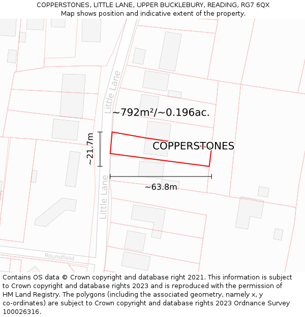 COPPERSTONES, LITTLE LANE, UPPER BUCKLEBURY, READING, RG7 6QX: Plot and title map
