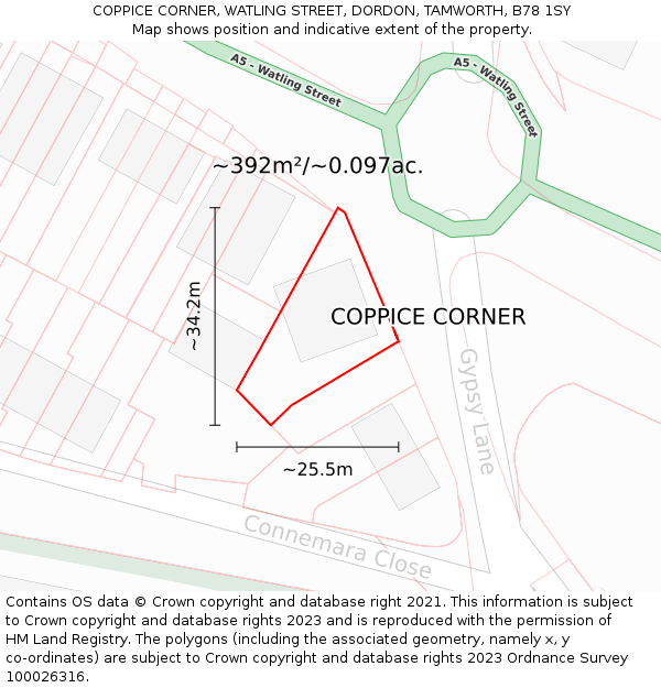 COPPICE CORNER, WATLING STREET, DORDON, TAMWORTH, B78 1SY: Plot and title map