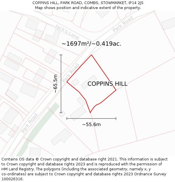 COPPINS HILL, PARK ROAD, COMBS, STOWMARKET, IP14 2JS: Plot and title map