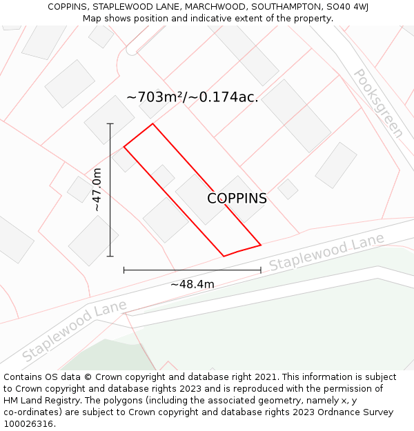 COPPINS, STAPLEWOOD LANE, MARCHWOOD, SOUTHAMPTON, SO40 4WJ: Plot and title map