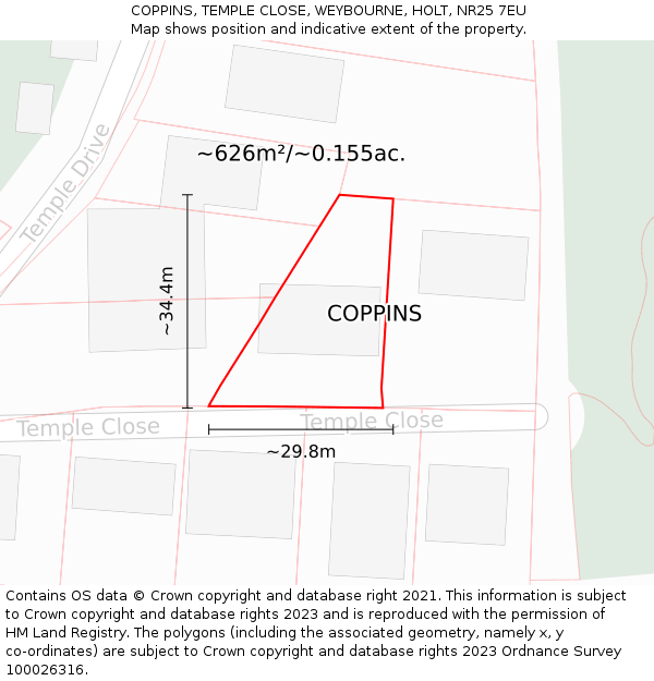 COPPINS, TEMPLE CLOSE, WEYBOURNE, HOLT, NR25 7EU: Plot and title map