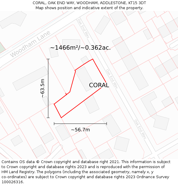 CORAL, OAK END WAY, WOODHAM, ADDLESTONE, KT15 3DT: Plot and title map