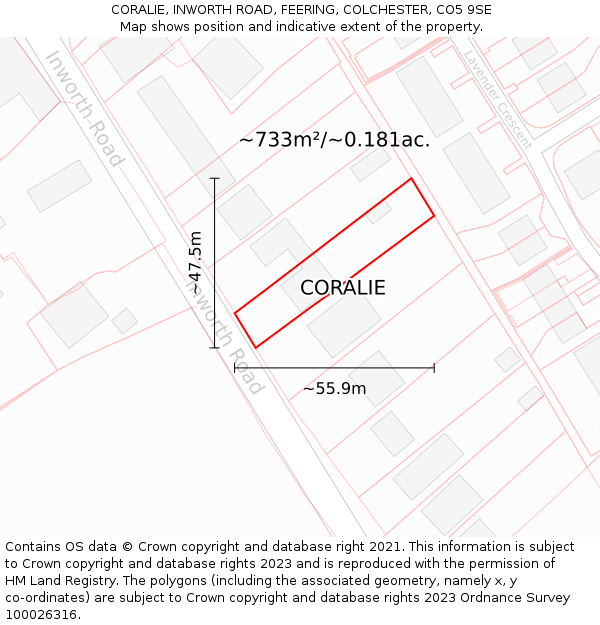 CORALIE, INWORTH ROAD, FEERING, COLCHESTER, CO5 9SE: Plot and title map