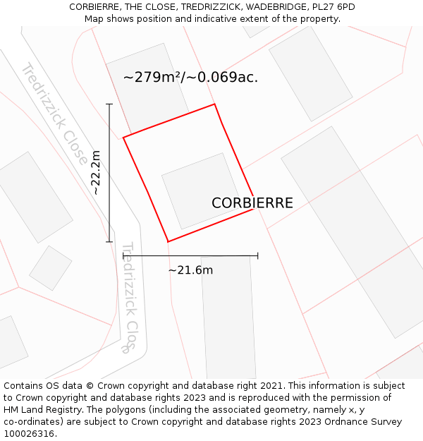 CORBIERRE, THE CLOSE, TREDRIZZICK, WADEBRIDGE, PL27 6PD: Plot and title map